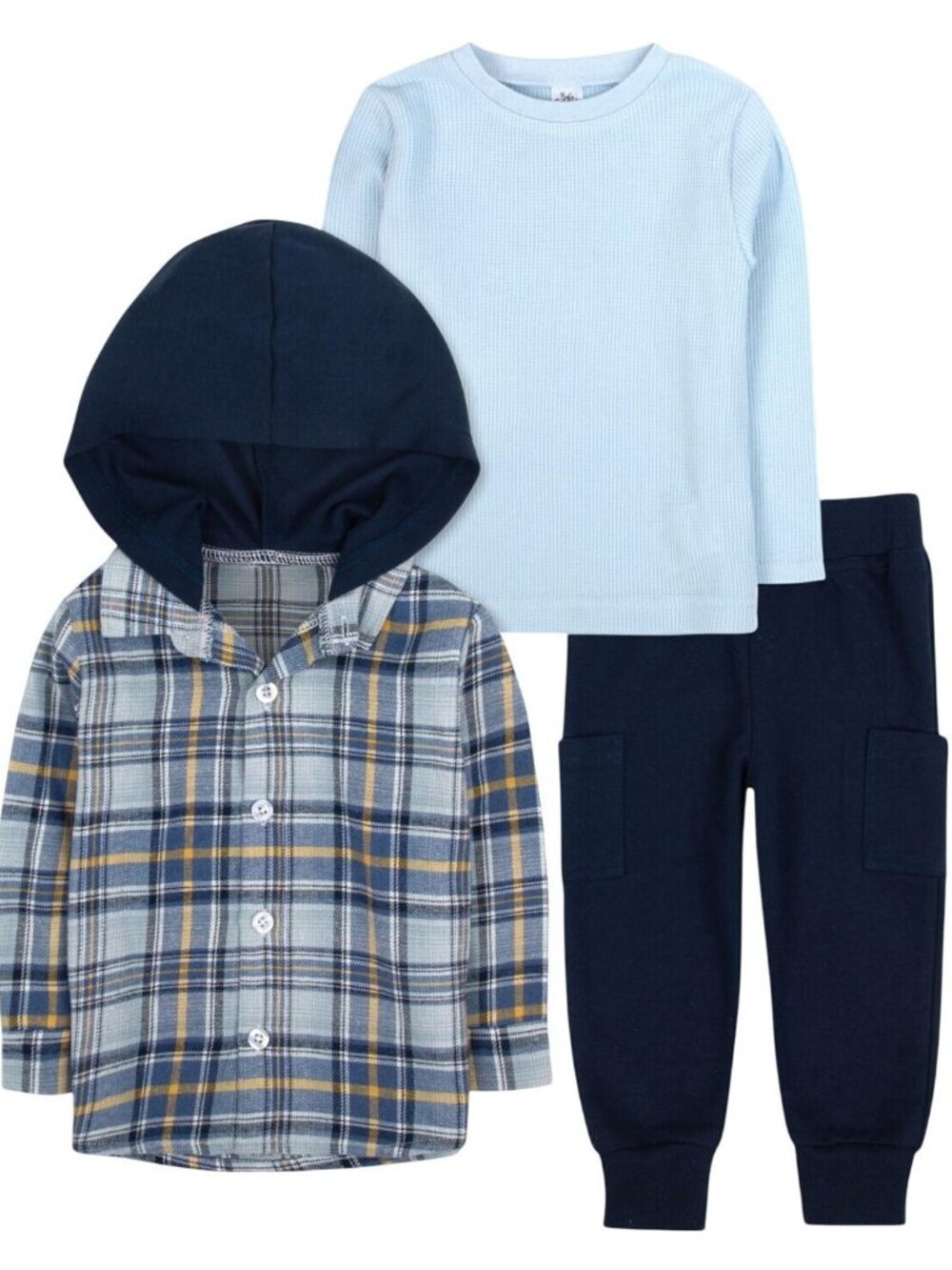 NWT Baby Essentials Plaid Hoodie, Long Sleeve Top & Pants Set Blue Multi 18M